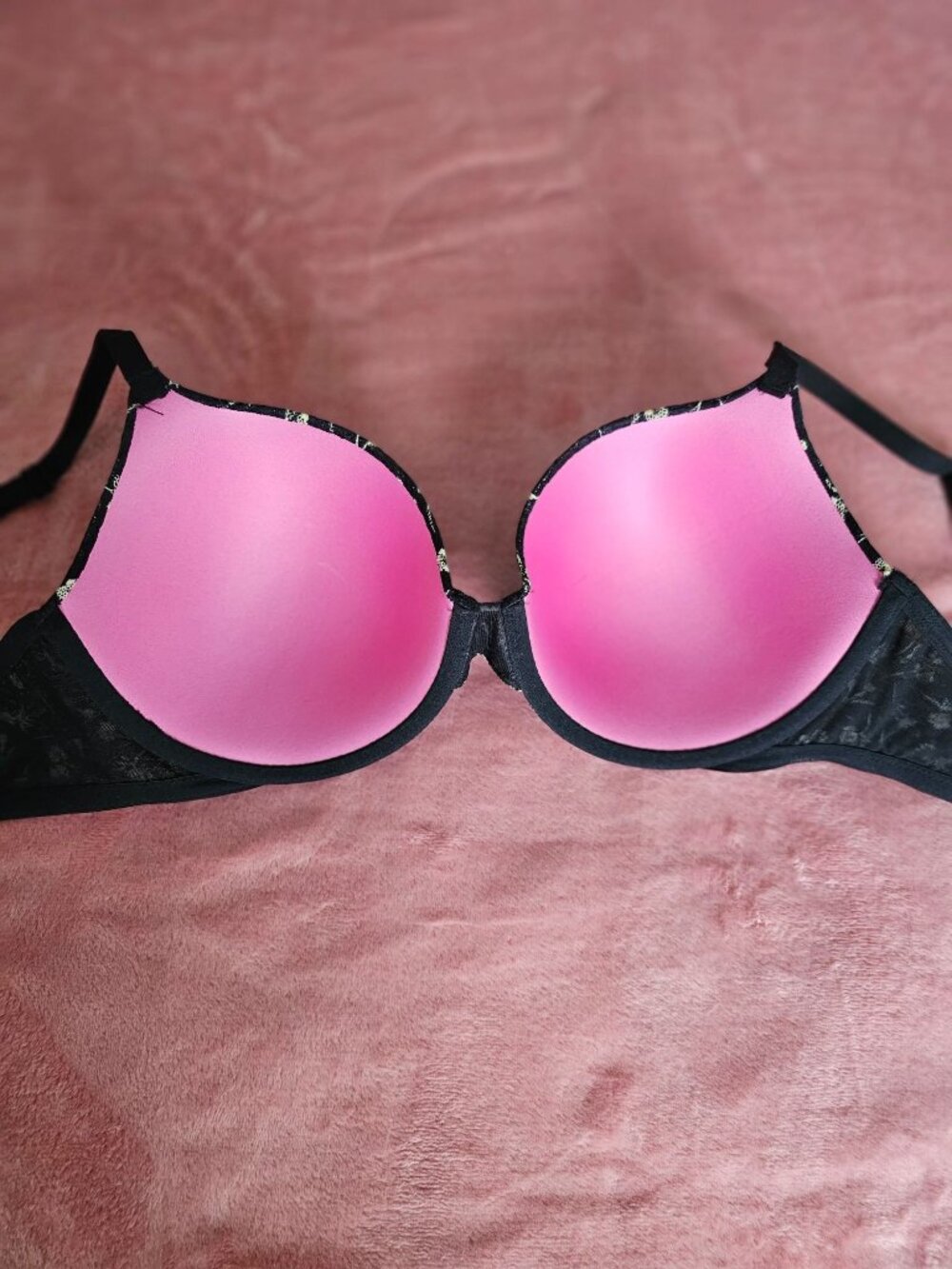Black Floral Lace Victorias Secret Pink 34DD Push-Up Bra W/Adj Straps & Back - Picture 7 of 15